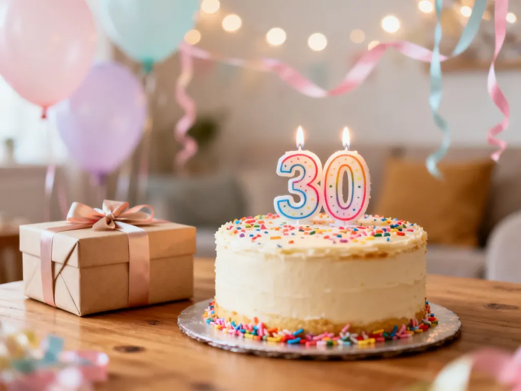 Tort z świeczkami „30” i prezent na tle pastelowych balonów, tworzące radosny klimat 30. urodzin.